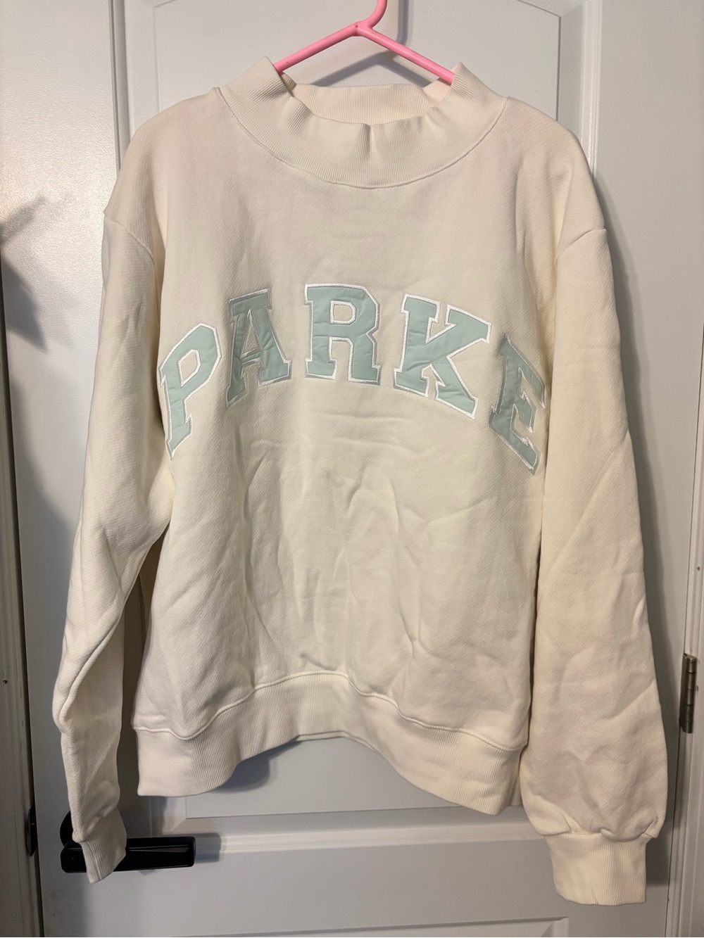 Parke Bridal Collection Cream Mockneck Sweatshirt with Pale Blue Lettering